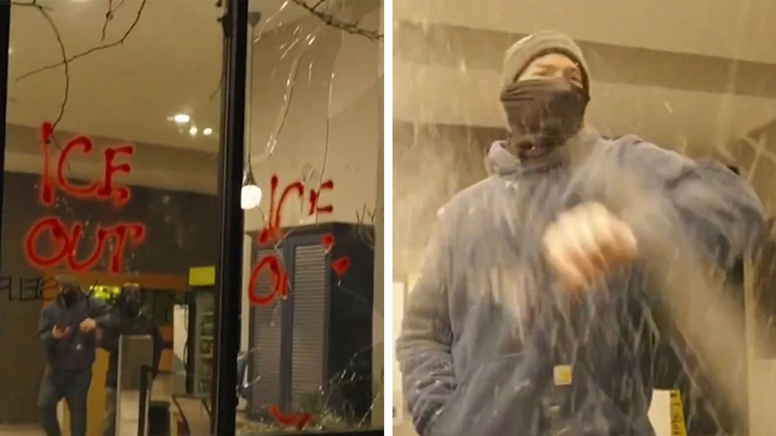 व्हिडिओवर, ज्या हॉटेलमध्ये फीड्स राहत असल्याचे मानले जात होते त्या हॉटेलच्या बाहेर आयसीई विरोधी आंदोलकांनी कहर केला