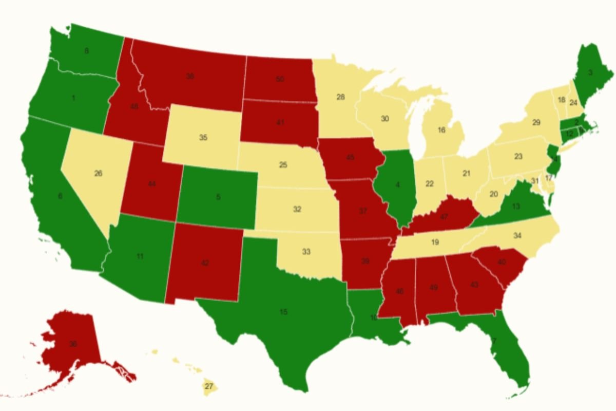 युनायटेड स्टेट्सचा नकाशा अशी राज्ये दर्शवितो जिथे पाळीव प्राणी सर्वात जास्त संरक्षित आहेत