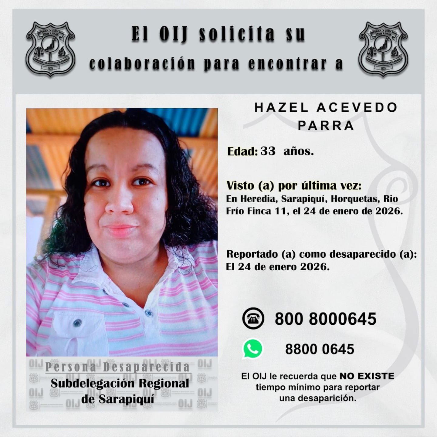 OIJ हेरेडिया येथील बेपत्ता 33 वर्षीय महिलेचा शोध घेत आहे