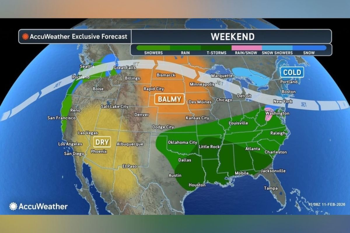 नकाशा प्रत्येक राज्यातील व्हॅलेंटाईन डे हवामान दर्शवितो